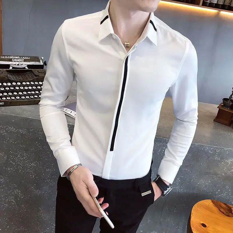

Spring Autumn New Fashion Turn-down Collar Long Sleeve Solid Color Blouse Men's Clothing Slim All-match Korean Trend Chic Shirts