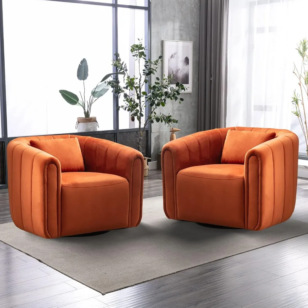 ANJ Swivel Barrel Chair Set of 2 with Plump Pillow, Modern Channel Dutch Velvet Accent Chair, Comfy Round Armchair, Swivel Accen