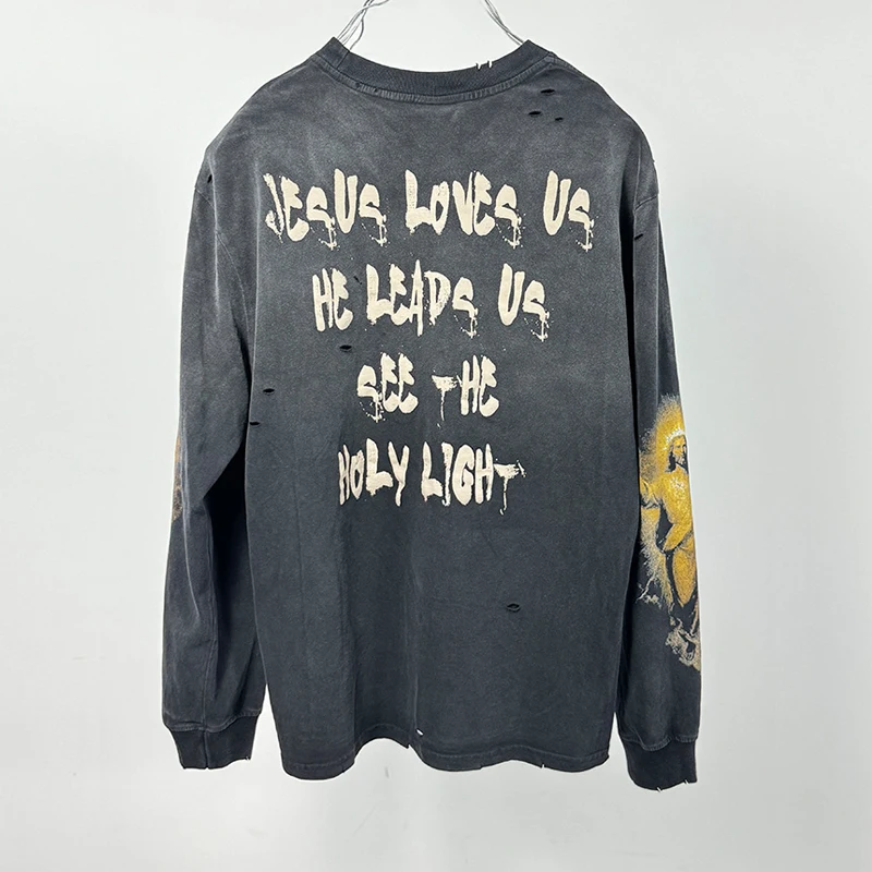 كامل رسائل الرسومات طباعة يسوع على الصليب بأكمام طويلة تي شيرت الرجال النساء المتضخم خمر غسلها الأسود التالفة حفرة سانت الأعلى