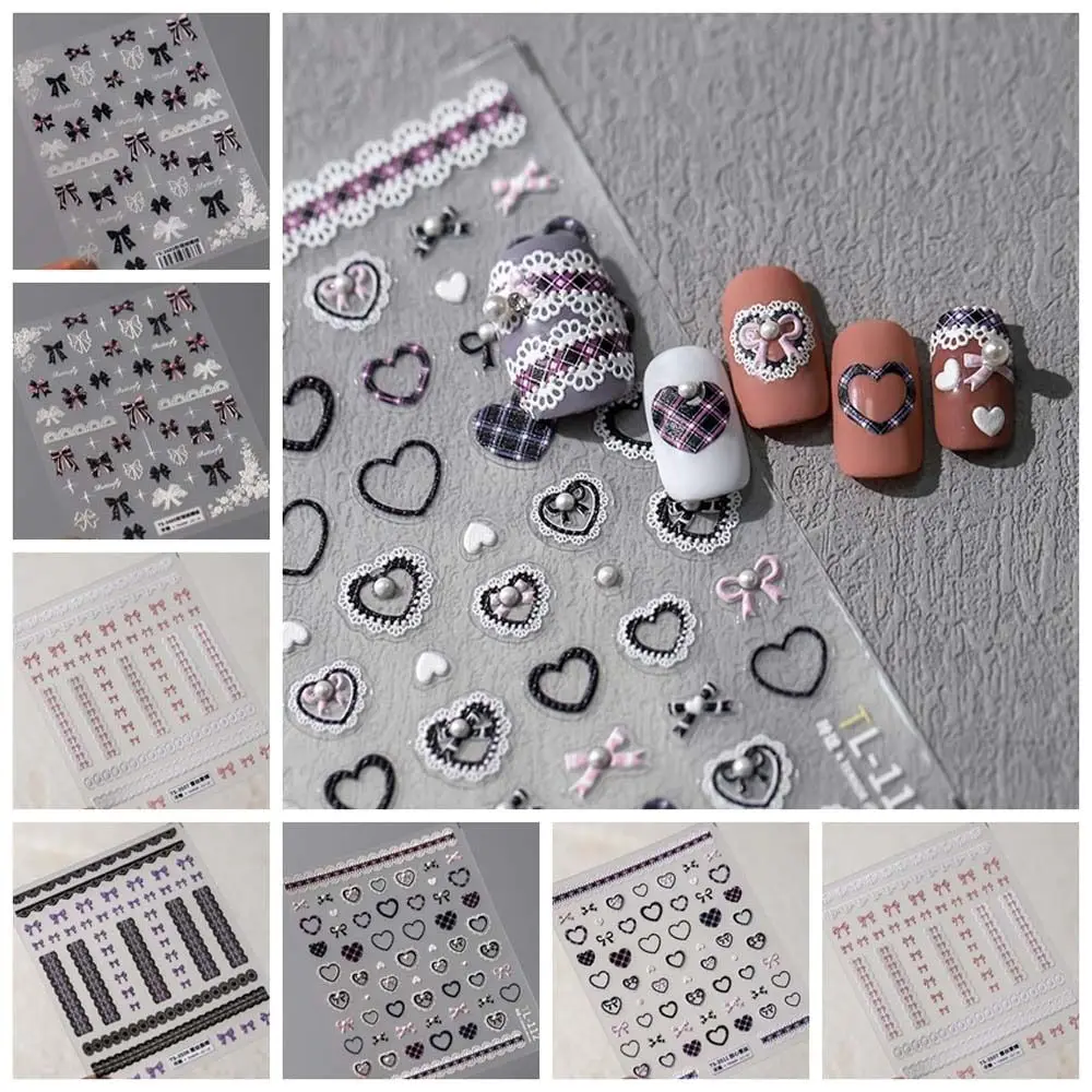 Roze Wit Zwart Kant Kant Boog Nagelstickers Parel Strik Stickers Liefde Hart Strik Nagelstickers Nagelaccessoires