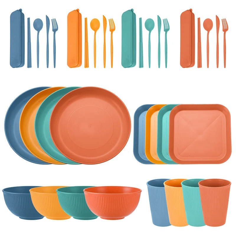 Wheat Straw Dinnerware Sets Unbreakable Eco-Friendly Reusable Tableware Set 36pcs Colorful Flatware Set for 4 for Kitchen