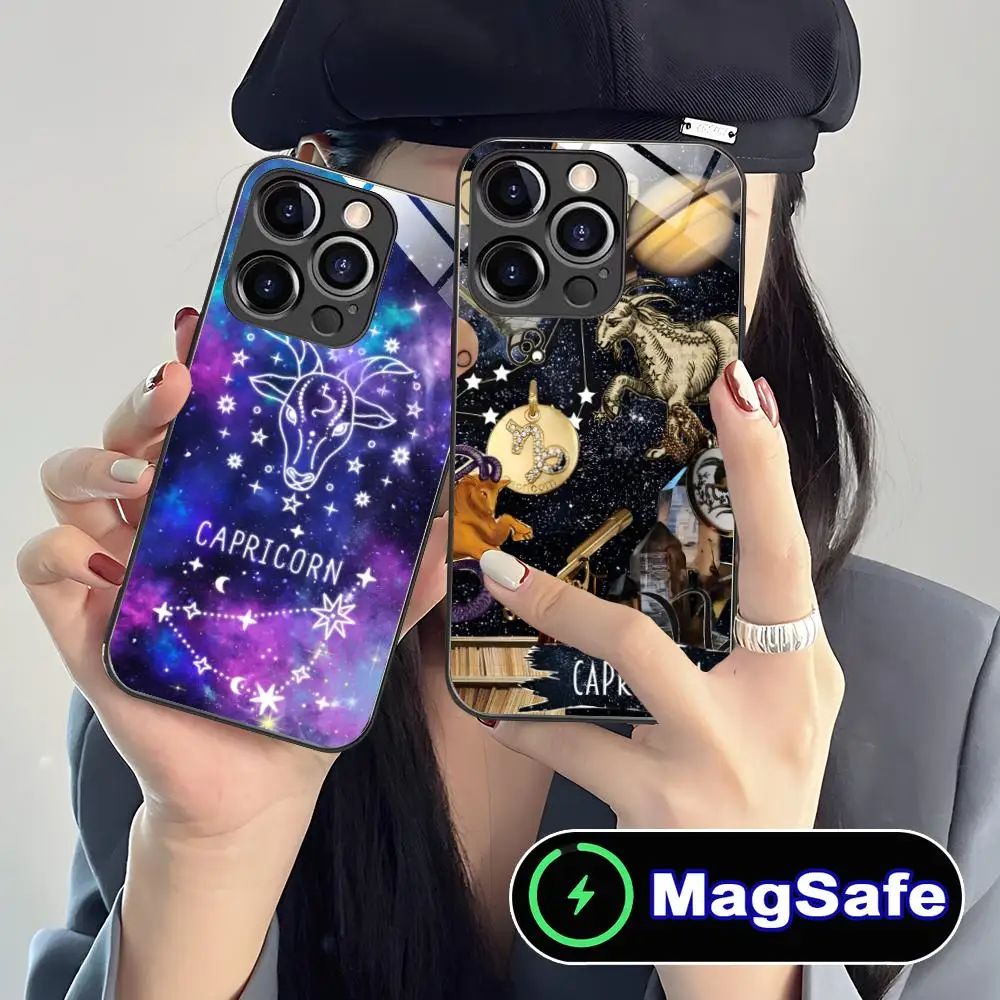 Casing Ponsel Zodiak Capricorn untuk iPhone 17 16 15 14 13 12 11 Pro Max Plus Mini MagSafe Kaca Warna-warni Penutup Cantik