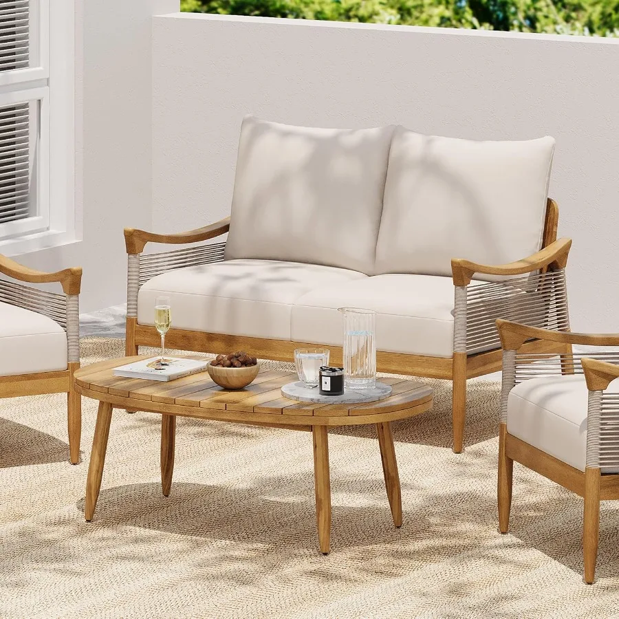 

2 Pieces Outdoor Patio Furniture Set with Woven Rope Design Thick Cushioned Loveseat and Acacia Wood Coffee Table for Backyard