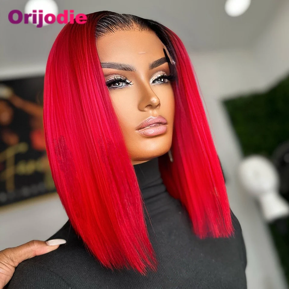 

Red Straight Bob Human Hair Wigs Transparent 13x4 Lace Frontal Short Bob Wig Pre Plucked for Women Brazilian Hair 180 Density