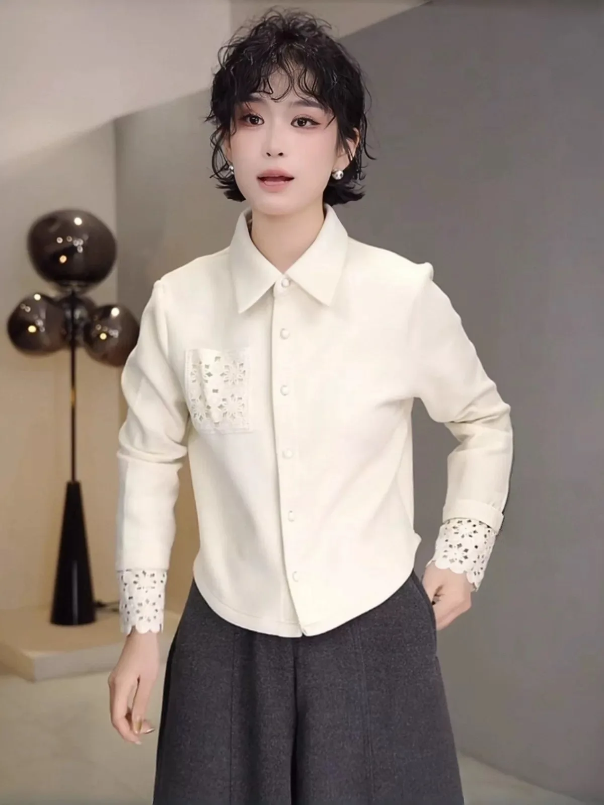 

Ele Hollow out Long Sve Женский топ свободного покроя с воротником, дышащий удобный топ из полиэфирного волокна