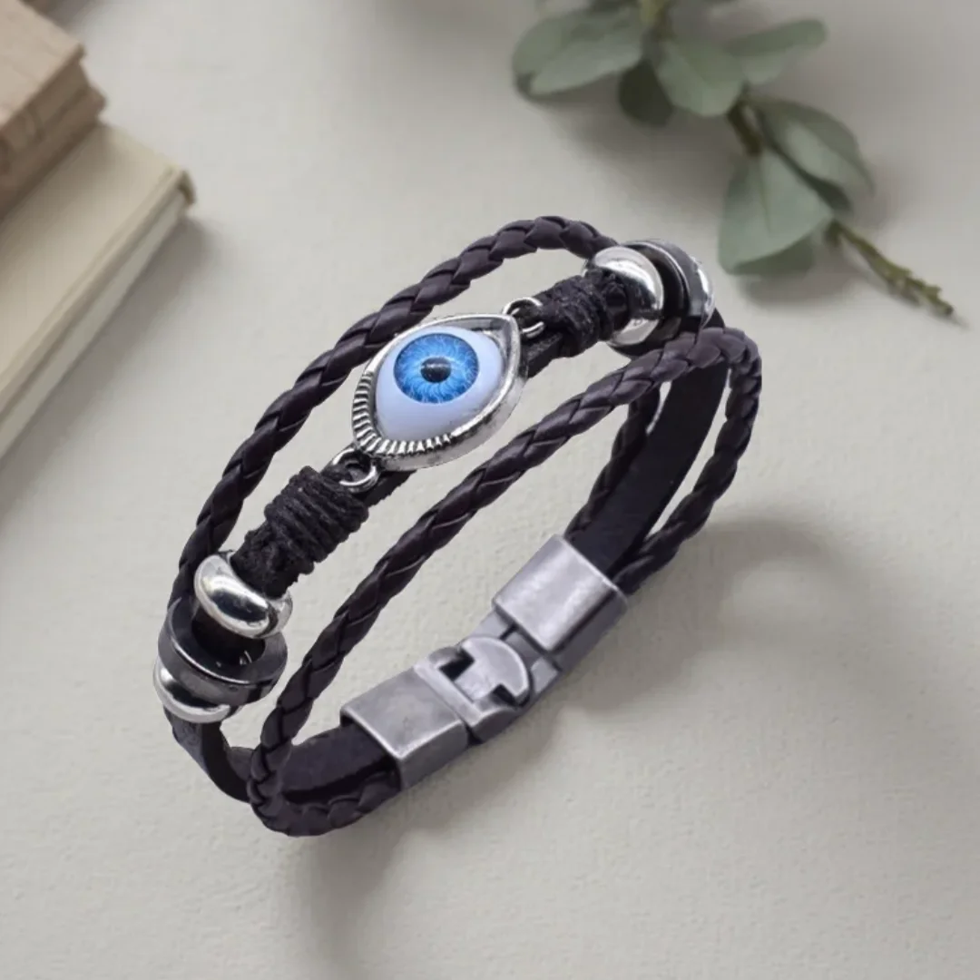 Hot Sale Black & Brown 20.5cm Hand made Leather Bracelet Men Women Evil Eye Bracelet Fashion Vintage Beads Jewelry