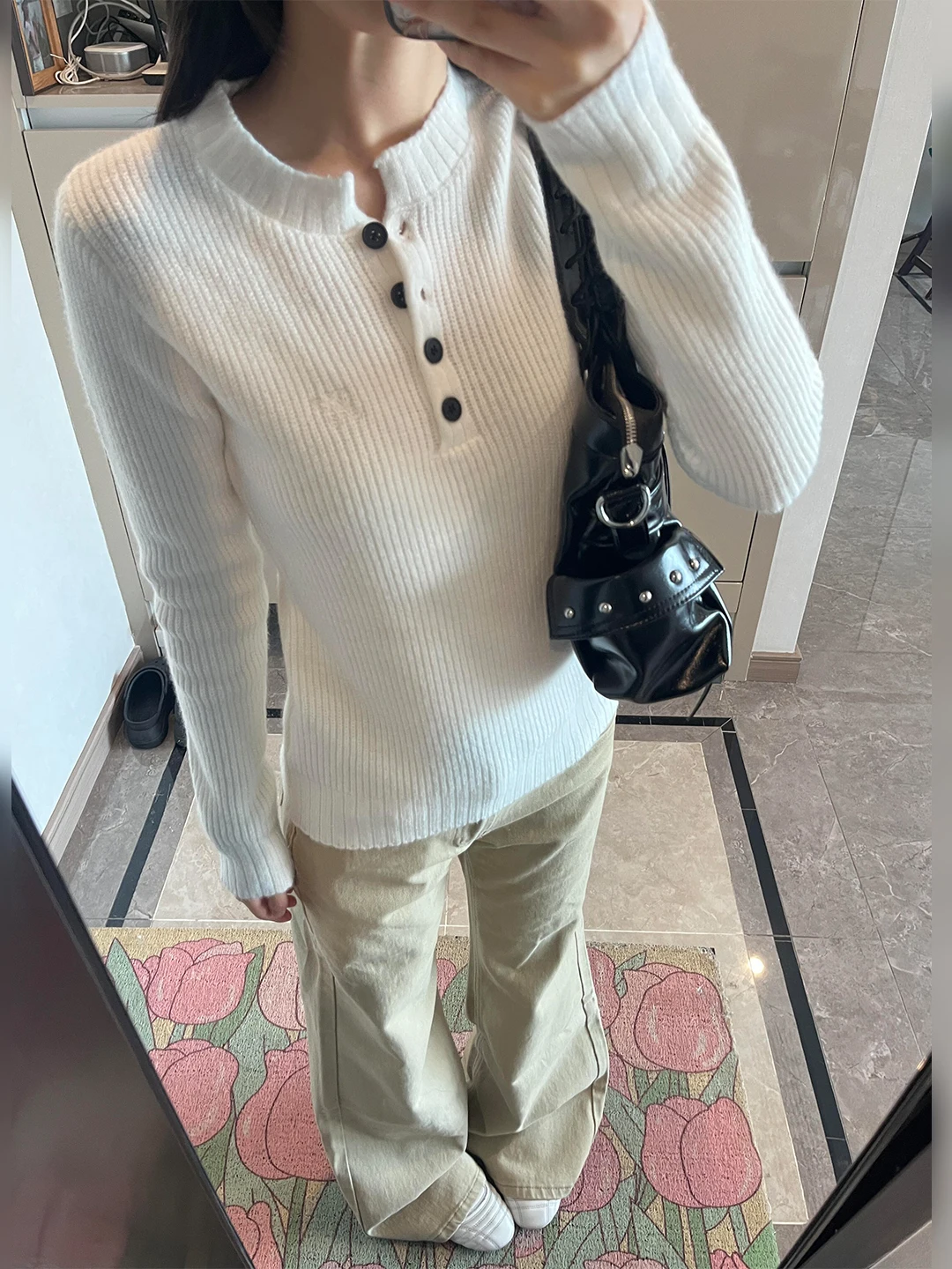 Suéter de Punto con Cuello Henry Estilo Americano para Mujer, Otoño Invierno, Ajustado, Versátil, Prenda Interior, Ropa Exter...