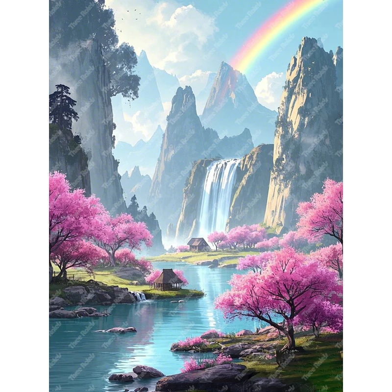 Three Ratels QHD81 mountain canyon full of flowers Ink landscape wall stickers For home decoration