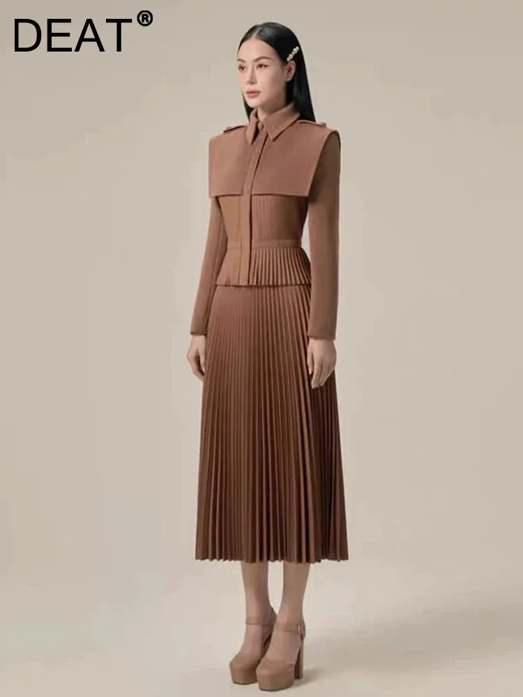 DEAT Elegant 2 Pcs Set Sailor Collar Patchwork Coat A-line Pleated Brown Skirt Women's Suit 2024 Spring New Fashion 13DB4583