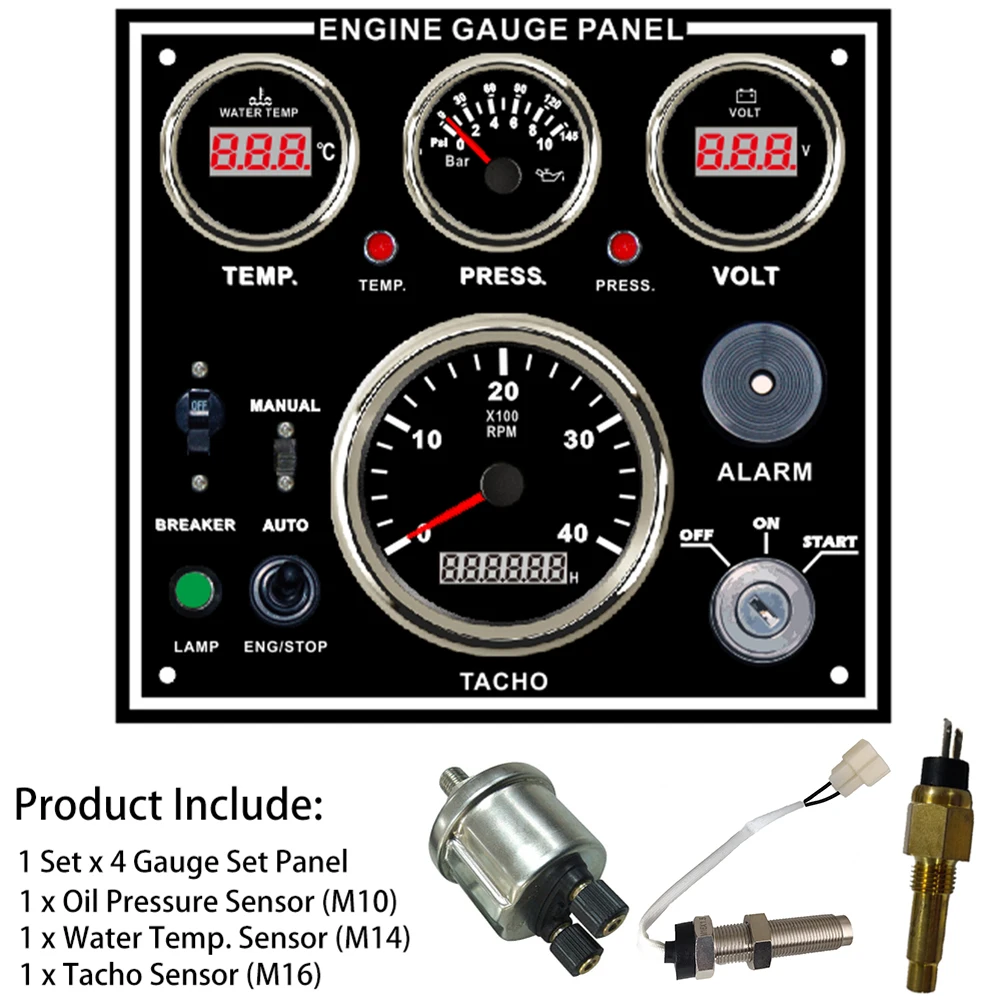 Newest 4 Gauge Set Instrument Panel with 4KRPM Tachometer Water Temp. Oil Pressure Voltmeter 220*200 mm for Boat Car 12V 24V