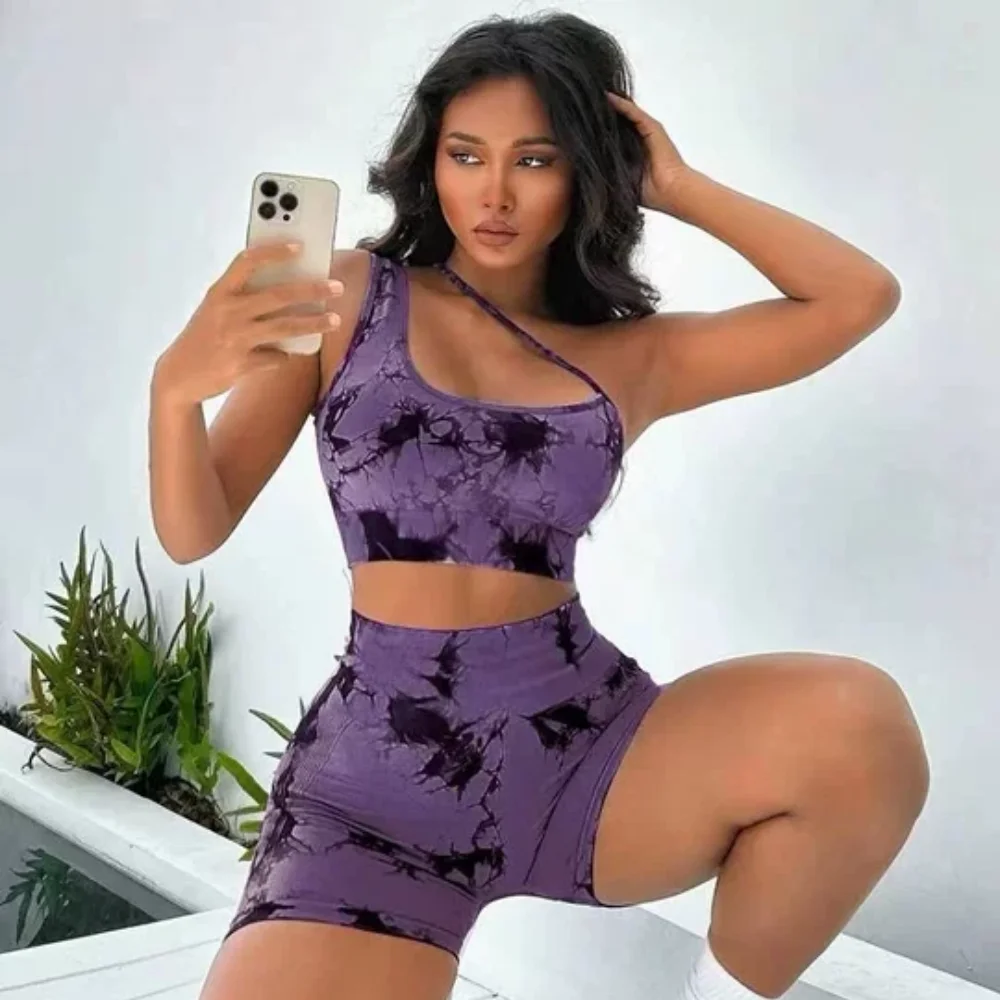 Women's Tie Dye Activewear Two Piece Set - Strap Crop Top + High Waist Biker Shorts, Bodycon Sexy Workout Outfit Spring Summer