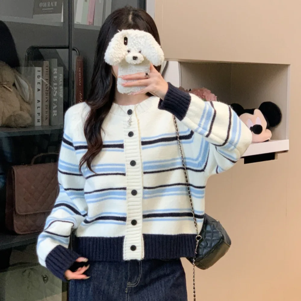 سترة صوفية مخططة على طراز الكلية برقبة دائرية وصدر واحد للخريف/الشتاء #2