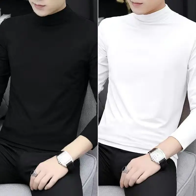 

Autumn Winter New Double-sided German Velvet T-Shirt Mens Casual Long-sleeved Half Turtleneck Bottoming Shirt Solid Color E980