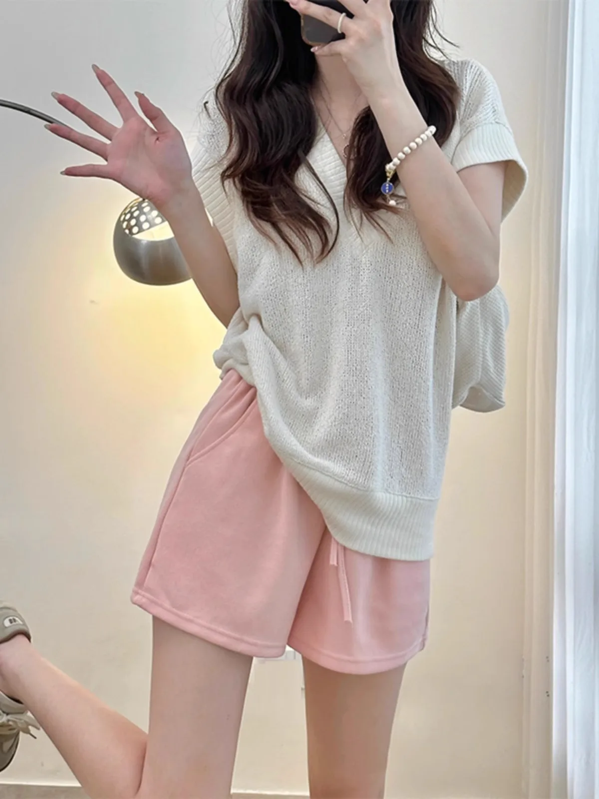 Pink Sports Shorts Women's Thin Casual Loose Wide Leg Three-quarter Length High Waist Elastic Waistband Asymmetrical Design