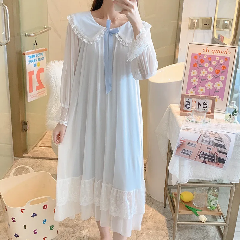 Spring Autumn Palace Gauze Dress Loose Princess Nightgown Women's Long Sleeve Night Shirt Lace Sweet Long Nightdress Home Wear