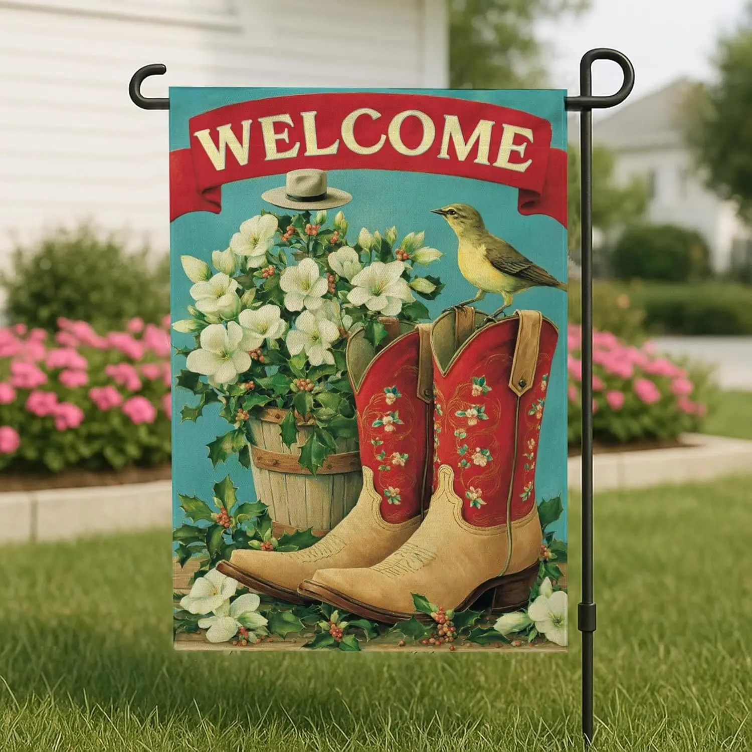 Welcome Spring Summer Garden Flag, Colorful Cowboy Boots Floral Home Decor Banner, Double Sided Burlap Yard Flag, Outdoor La WZZ