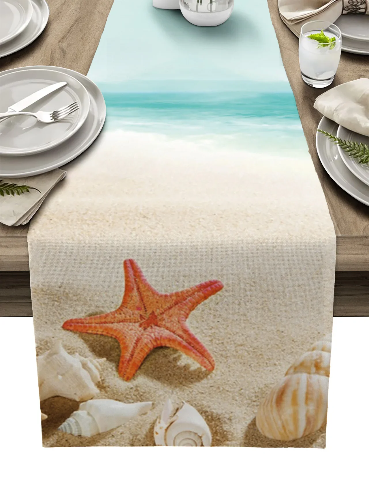 Ocean Beach Starfish Shell Linen Table Runners Holiday Party Decorations Reusable Dining Table Runners Wedding Party Decor