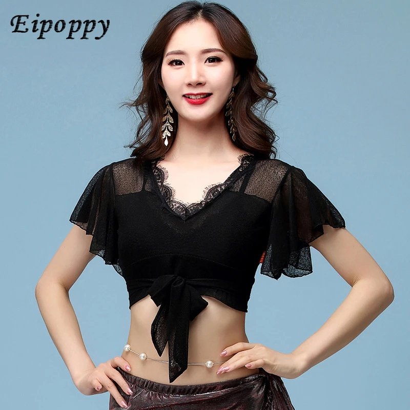 여성용 섹시한 연꽃 소매 속눈썹 레이스 탑, 동양 댄스 원피스, 밸리 댄스 연습복