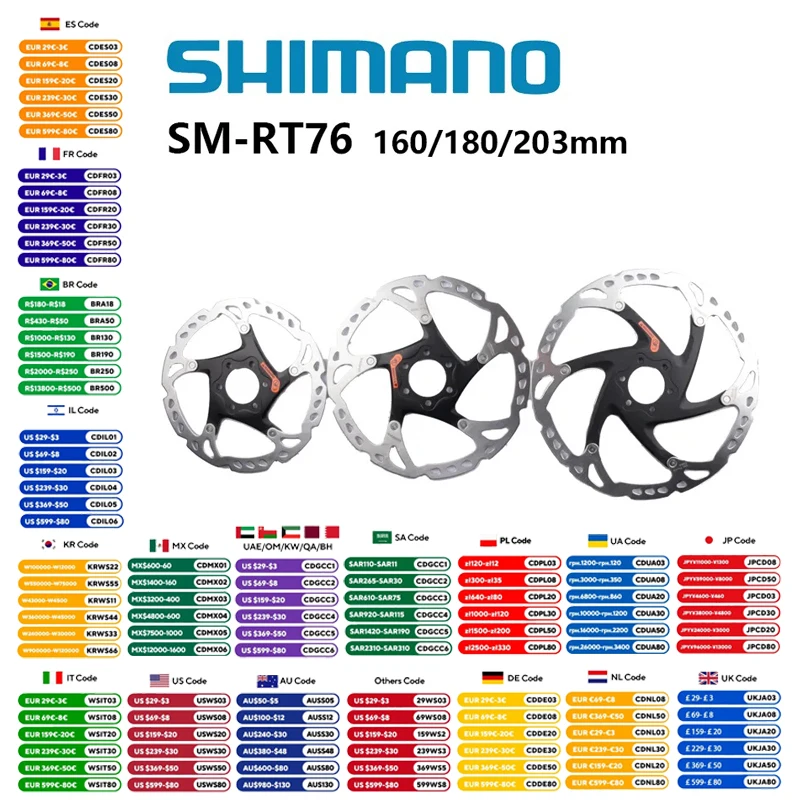 Shimano SM-RT66 SM-RT76 DEORE XT SM-RT86 Disc Brake Rotor Disc Centerline Center 6 Bolts MTB Bike Rotor Bolts 160mm/180mm/203mm