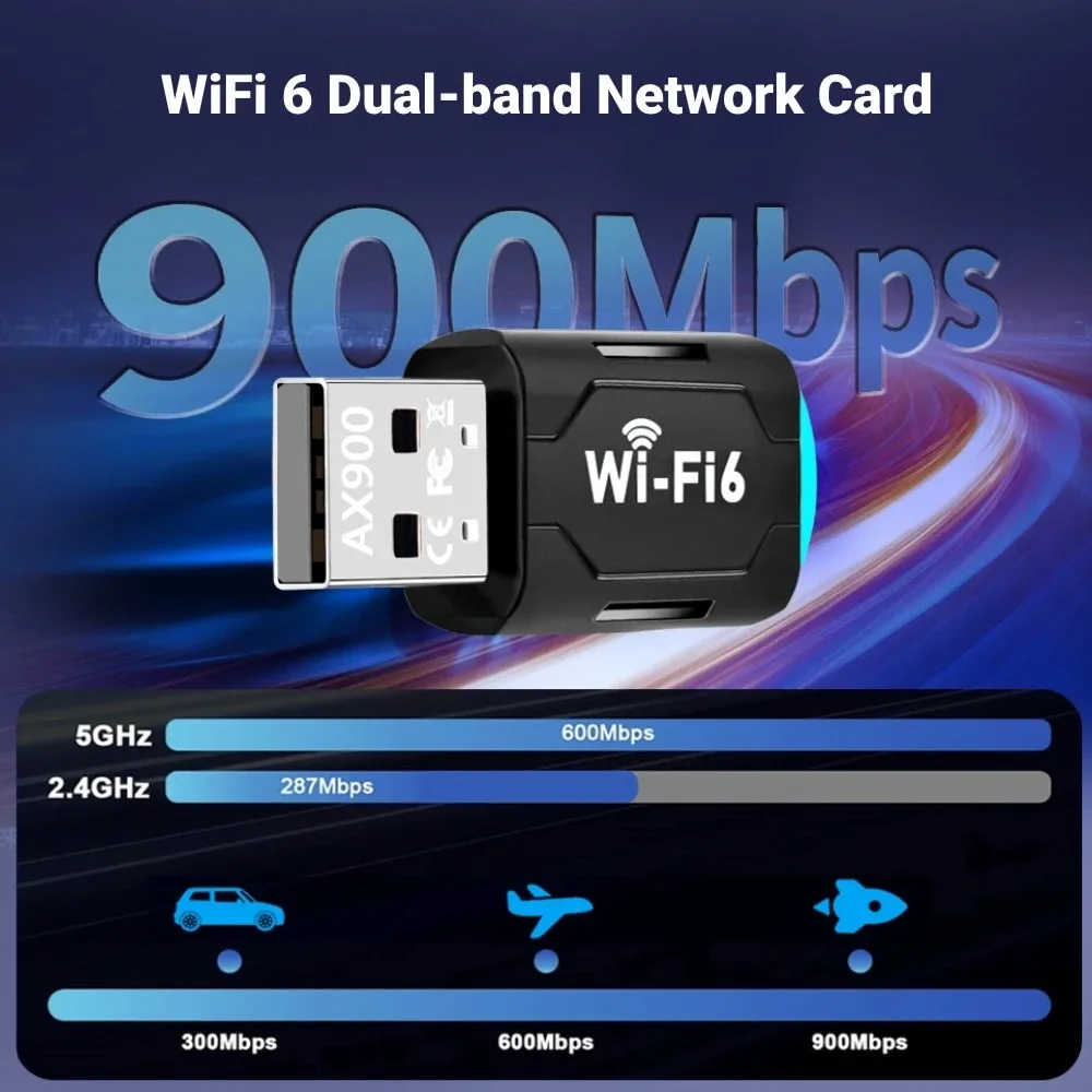 900Mbps USB WiFi 6 Adapter Dual Band 2.4G 5G Wireless Network Card for PC External USB Network Receiver Transmitter Drive Free