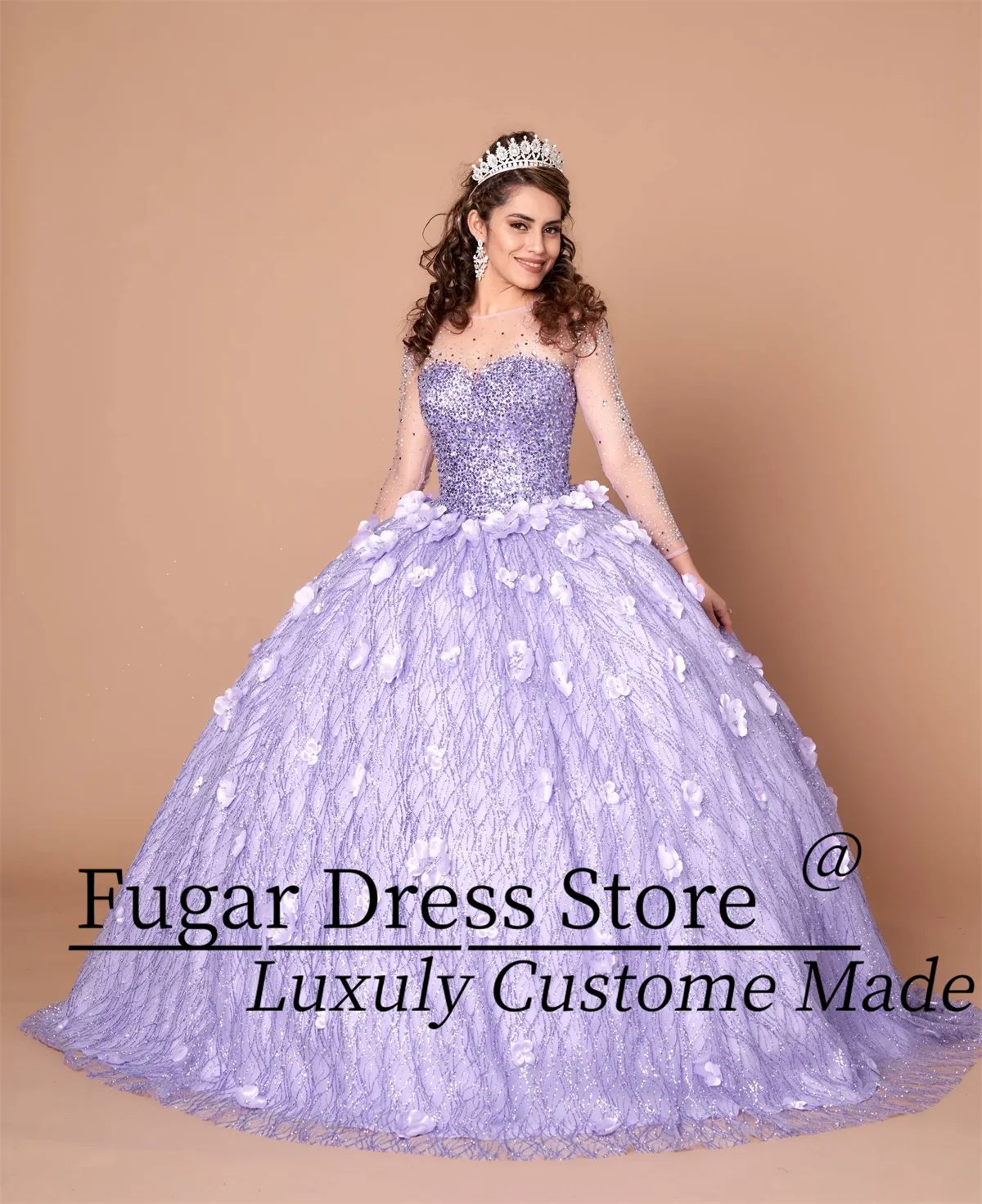 3D Flower Decal Long Sleeved Glitter Quinceanera Dresses Sweetheart corset Transparent stiff gauze vestidos para niñas