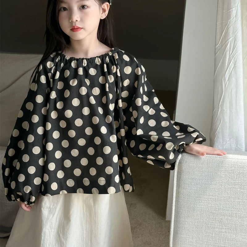 Top Shirt Girl 2024 Autumn New Korean Style Polka-Dotted Western Doll Versatile Leisure Tide