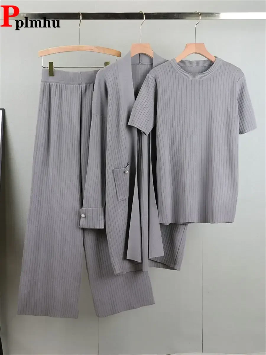 

Women Knitwears Short Sleeve T-shirt Tops +loose Cardigan Suits High Waist Sweatpants Outfit Elegant New Knitted 3 Piece Sets