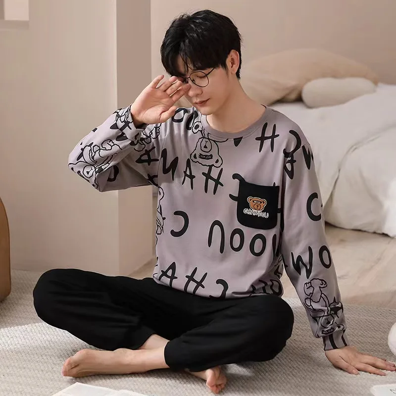 Spring and Autumn Men\'s Models of Pajamas Teenage Sports Long-Sleeved Homewear Men\'s Loose Leisure Plus Size Homewear Suit