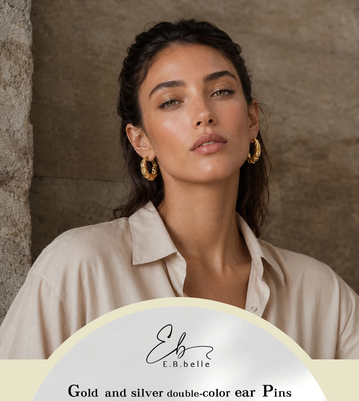 E.B.belle Minimalistische Creolen mit Hammer-Textur, hypoallergen, 18K vergoldeter Edelstahl, Damen-Modeschmuck – Detail 1