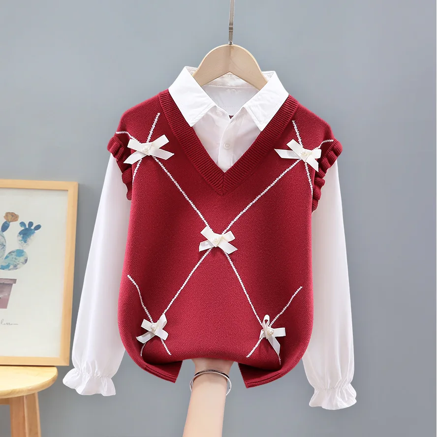 Children's Cotton Sweater Splicing Autumn Winter Kids Turn Collar Knitted Warm Pullovers For Teenager Girls 4-15 Years Clothes