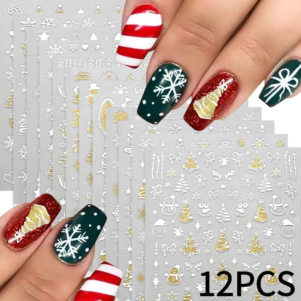 12 個ホワイトクリスマス 3D ネイルステッカーゴールド反射グリッター雪の結晶クリスマスツリー自己粘着デカール冬マニキュアスライダー