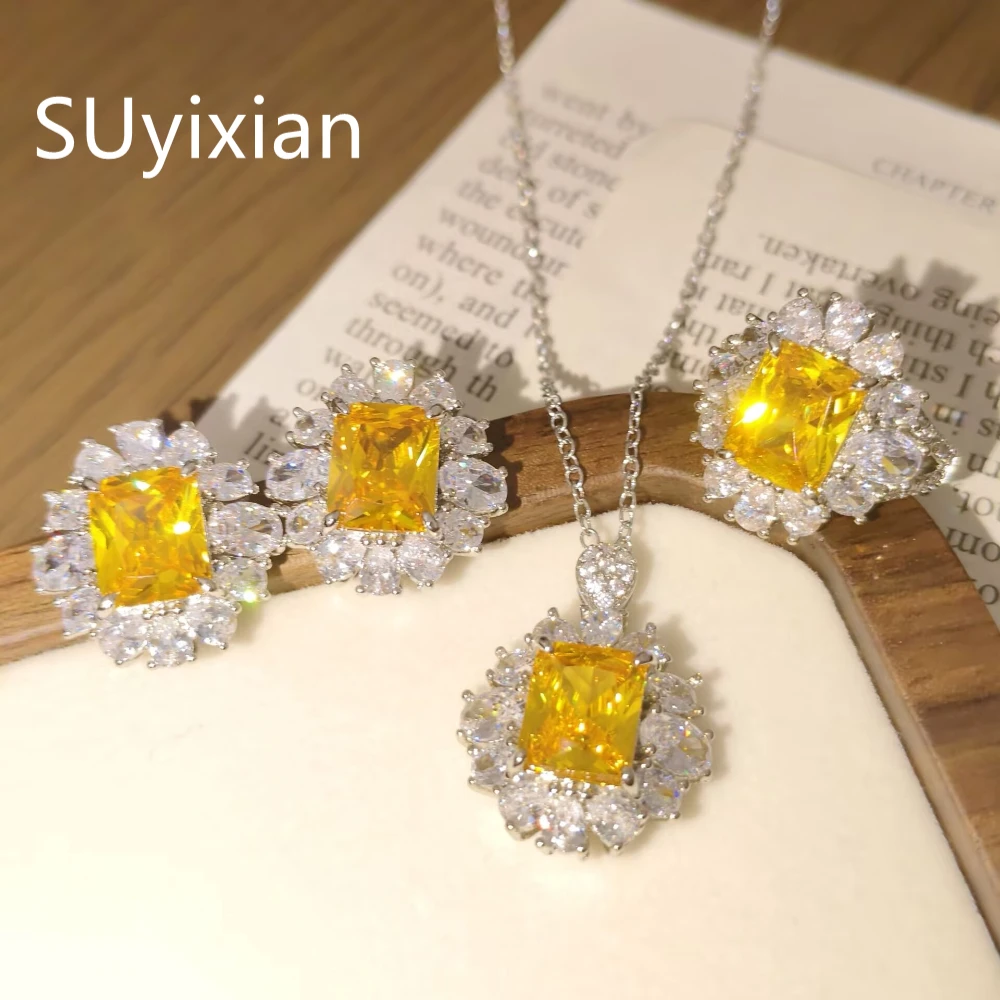 925 Sterling Silver Fashion Luxury Sparkle Zircon Ring Earrings Pendant Set, Birthday Party Anniversary Gift, Ladies Jewelry