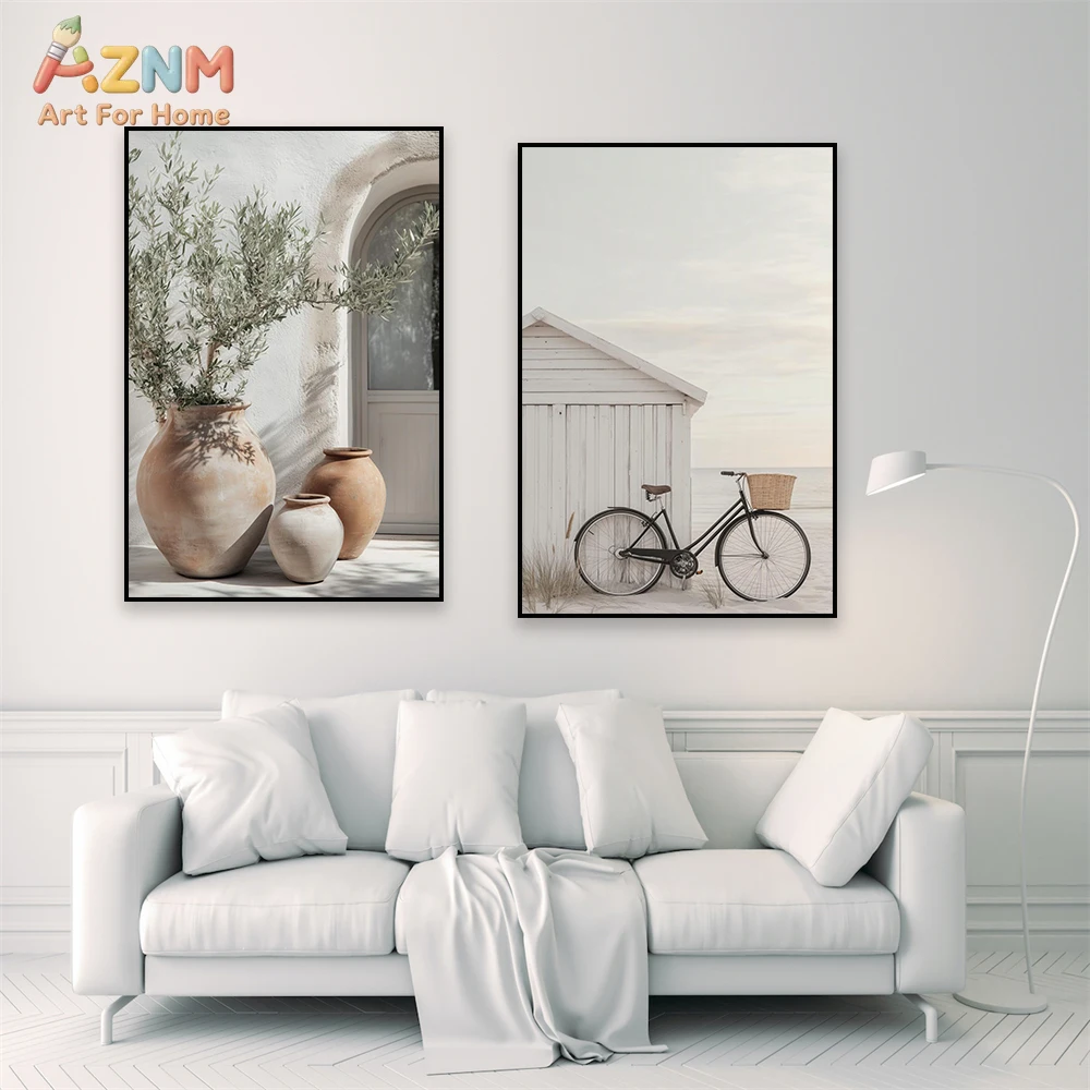AZNM Mediterranean Citrus Olive Tree Canvas Wall Art Italian Villa Cactus Still Life Wine Kitchen Neutral Beige Aesthetic Unfram