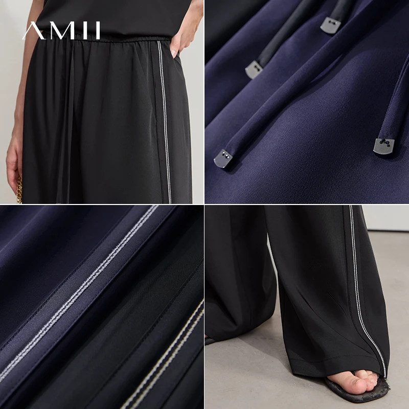 Amii Loose Casual Pants Solid Color Straight 2025 Summer Office Lady Draped Pockets Draped Slim Tie Webbing Trousers 12542178