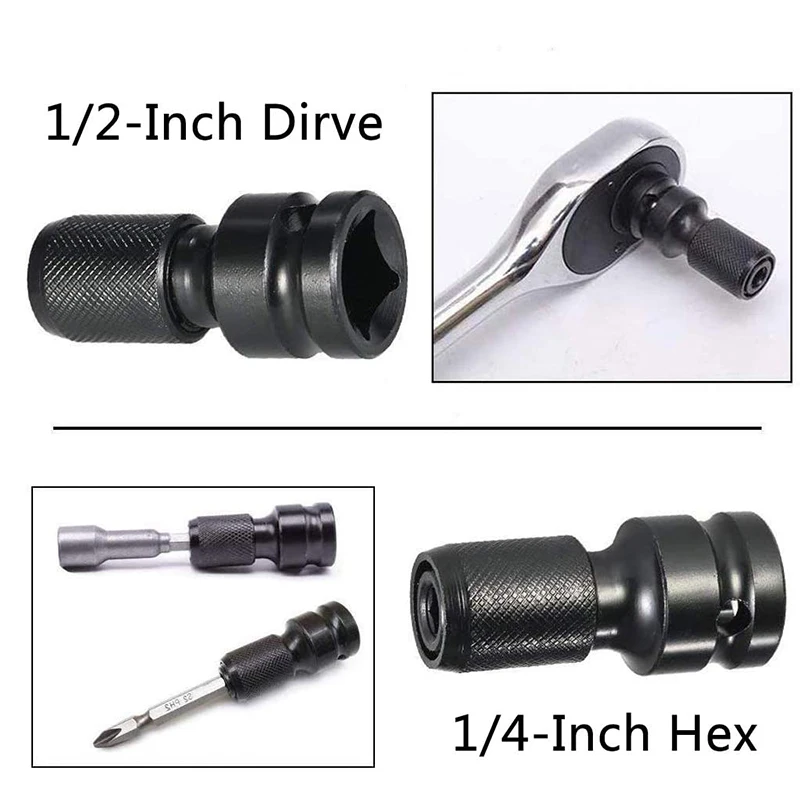 4 Pcs Impact Adaptor 1/2 Square Drive to 1/4 Hex Shank Socket Adapter Quick Release Chuck Converter for Ratchet