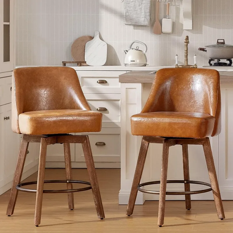 

Counter Height Bar Stools,Brown-Colored Faux Leather Comfort Fabric Bar Stool Set of 2，360° Swivel Counter Height Stools