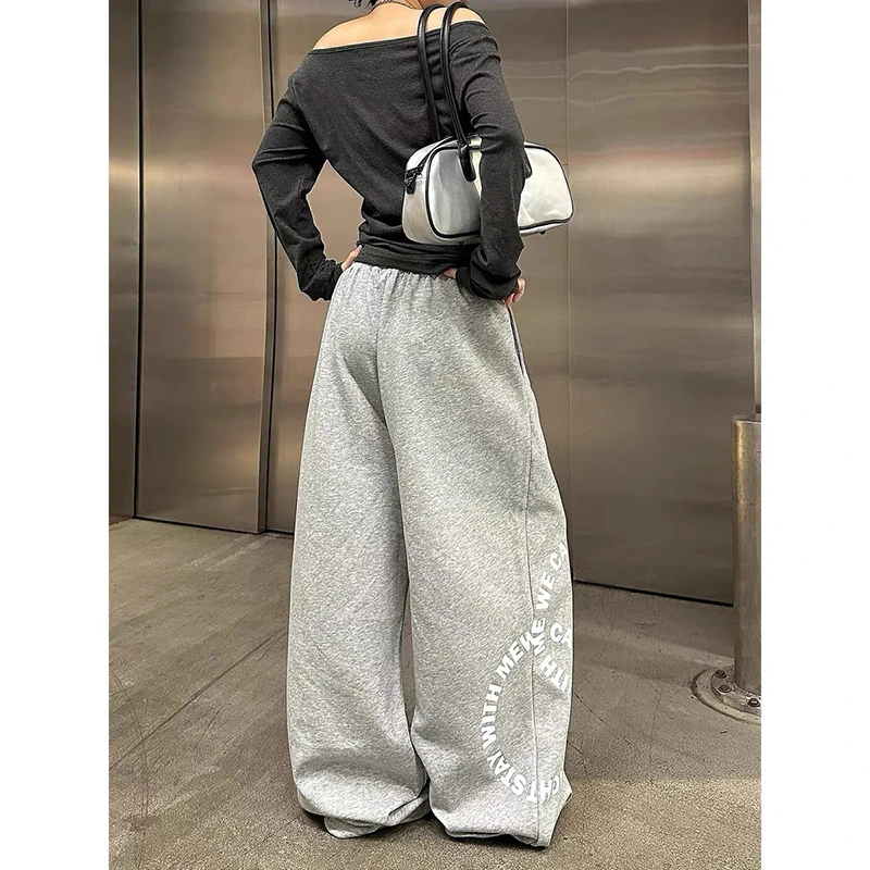 กางเกงวอร์มพิมพ์ลายดาวสีเทาสำหรับผู้หญิง ยี่ห้อ ZHIZOU ทรงหลวม สไตล์ฮาราจูกุ ยุค 2000 วินเทจ Y2k ขาบานทรงโอเวอร์ไซส์