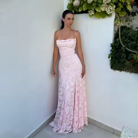 Suninheart Summer Spaghetti Strap Floral Jacquard Maxi Dress Pink Long Ruched Evening Gown Bridesmaid Wedding Party Women