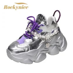 Women Chain Chunky Sneakers Autumn High Platform Leather Shoes New Women Wedge Heels Casual Shoes 7CM Thick Sole Sports Sneakers