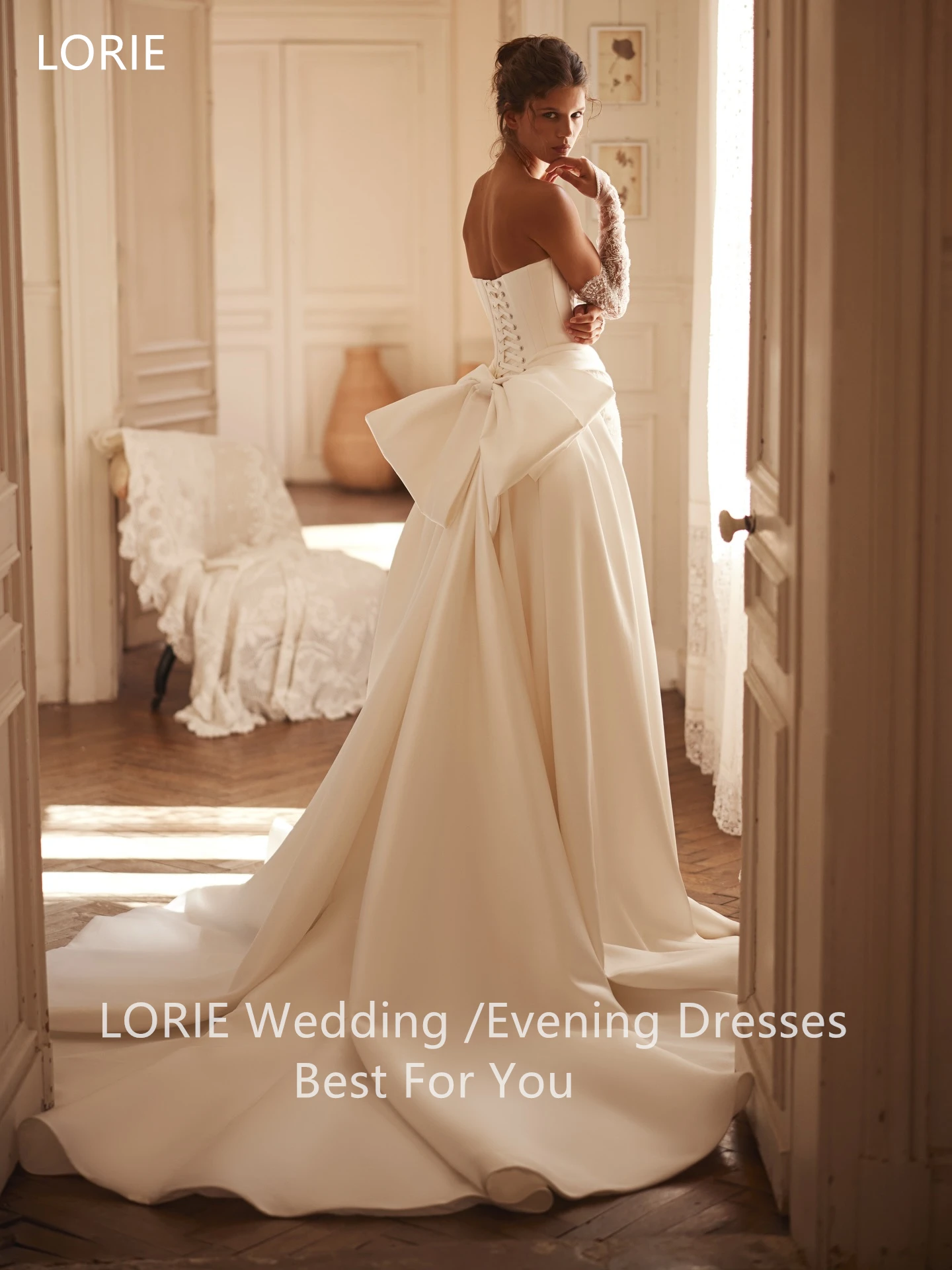 LORIE Exquisite Satin Wedding Dress Pleated Strapless Waist Cinching Lace Bride Gowns Detachable Bow A-Line Train Customized
