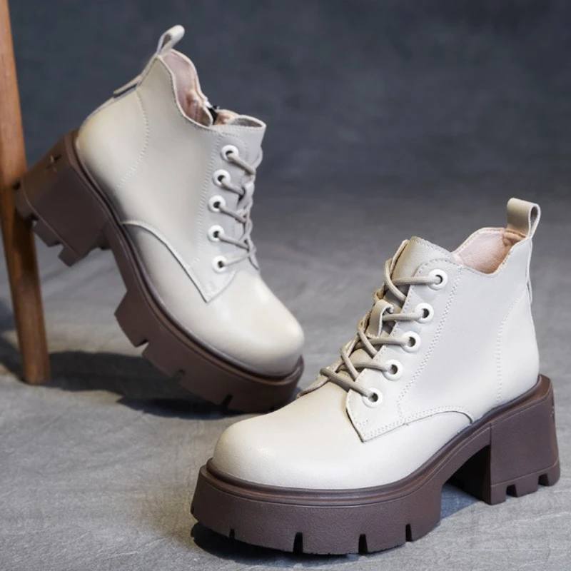 

Women's Chunky Heels Ankle Boots 2025 Autumn New British Style Soft Leather Platform Boots Fashion Lace Up Side-zip Short Boots