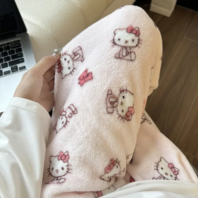 New Hello Kitty Plush Flannel Long Sleeping Pants, Winter Warm Thick Cute Casual Sleep Bottoms Women's Loose Fuzzy Home Pants