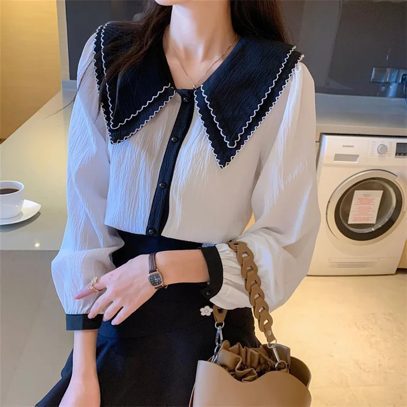 Elegant White Patchwork Women Shirts Vintage 2022 Ladies Kawaii Korean Chic Puff Sleeve Blouse Harajuku Clothes Office Lady Tops