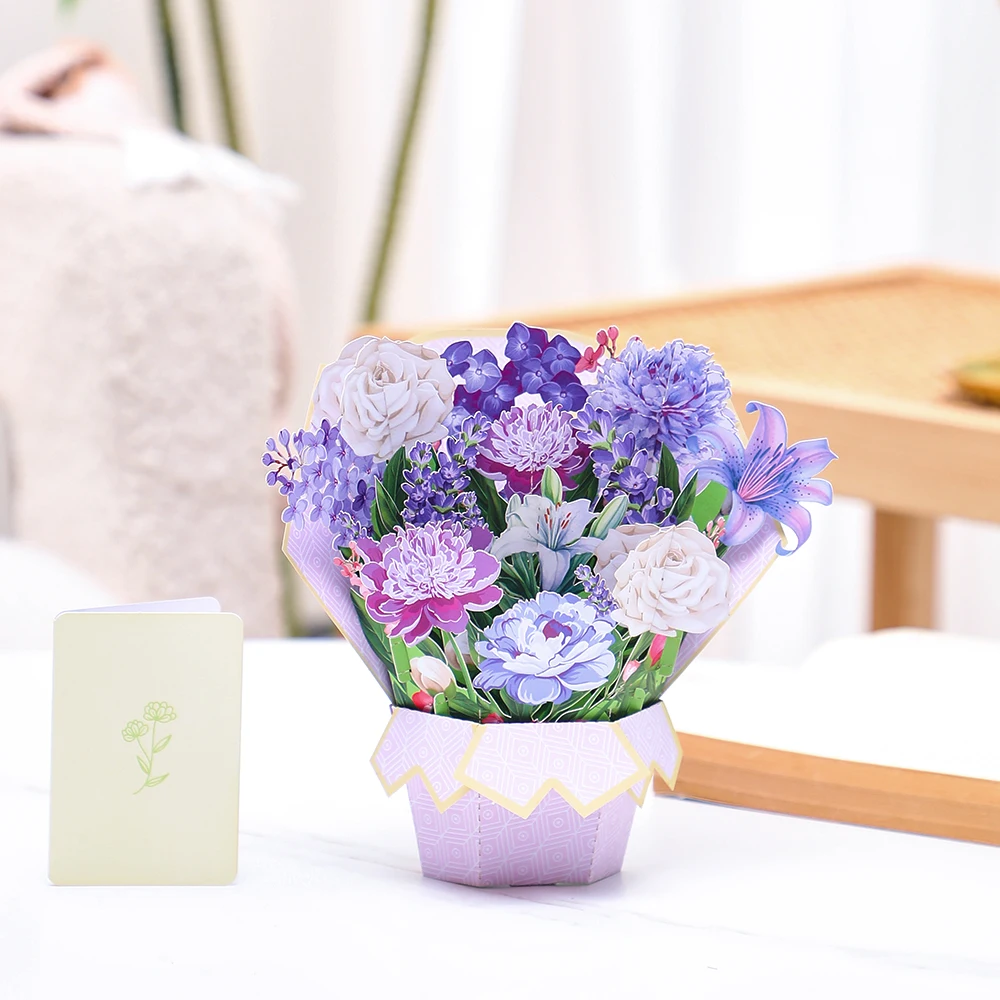Rosa und Lila Nelken 3D-Blumenstrauß Grußkarte, Geschenk für Sie, Partykarte, Geburtstagsdekoration, Geeignet für Liebste, zum Muttertag, Muttertagsparty, für die wichtigste Person in Ihrem Leben.