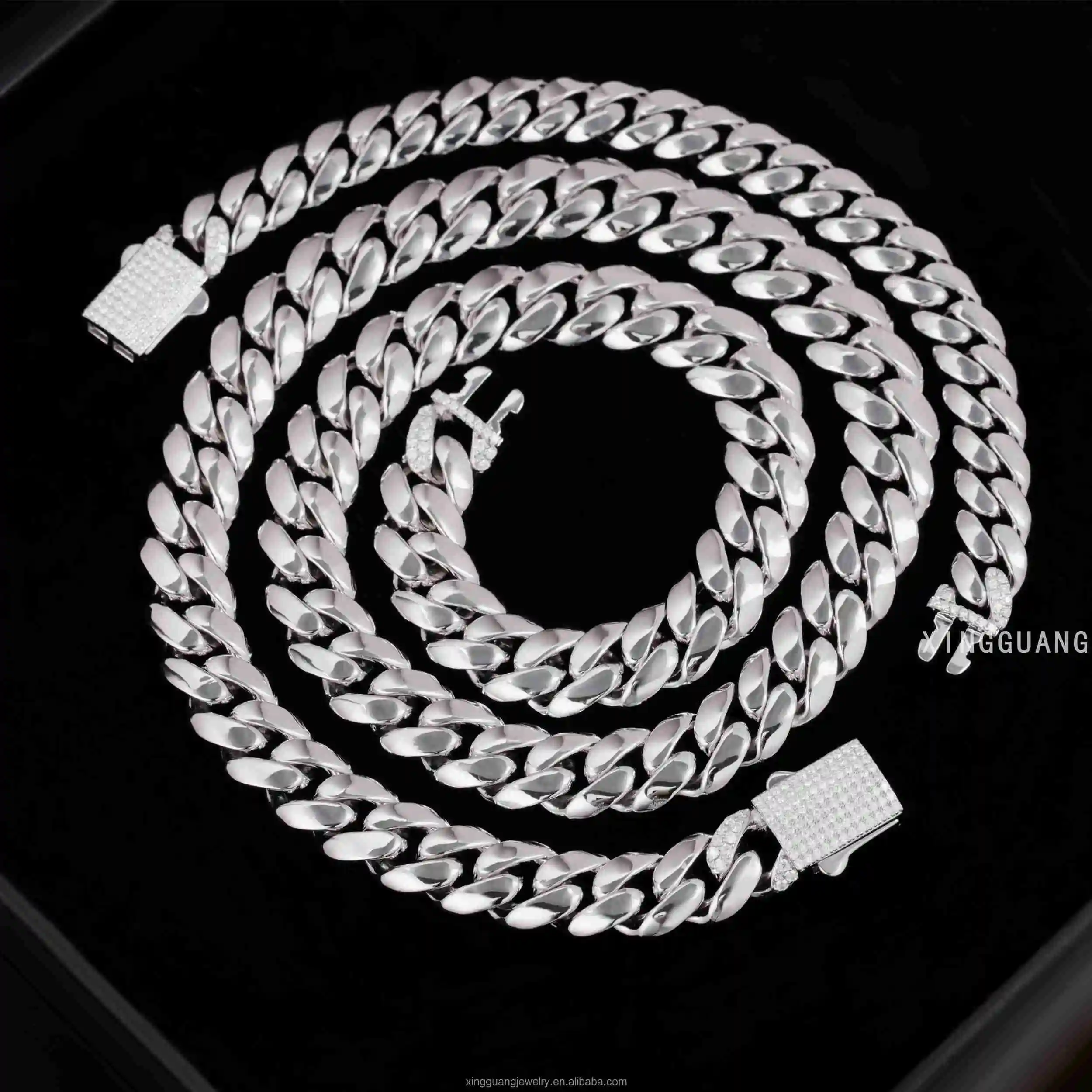 Polished Custom 8/10/13mm Solid Silver Plain Cuban Link Chain Spring Clasp VVS Moissanite Lock Cuban Chain Necklace Men Jewelry.