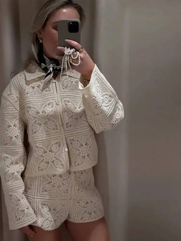 Malha oco para fora 2 peça define mulher outfit elegante crochê único breasted lapela superior cintura alta shorts senhora terno viajando j5vx