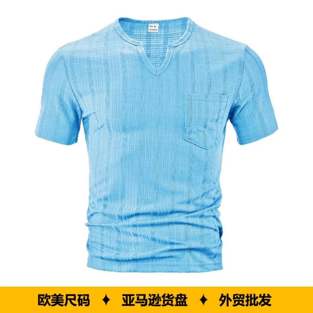 Men T Shirt Loose Fit V Neck Light Blue T Shirts Grid Pattern Chest Pocket White Short Sleeve Tee Navy Blue Gray Casual Tee