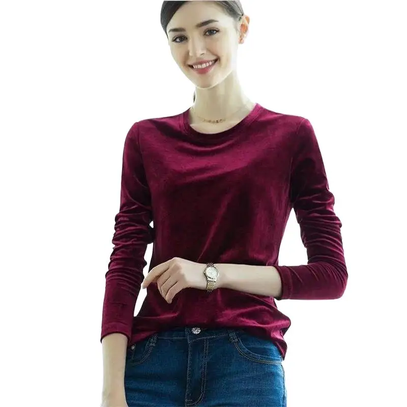 Women Loose Velvet Shirts Vintage Solid Long Sleeves O-Neck Tops All Match Streetwear Female Basic T-Shirts Velour Tee Tops