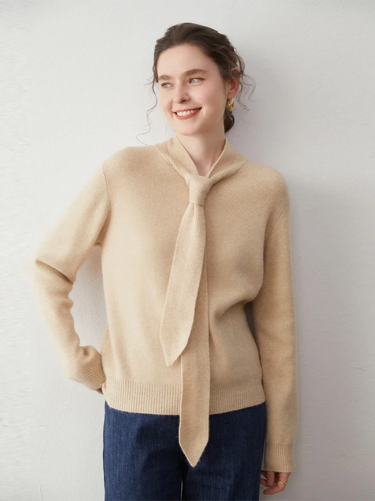 Career Women's Sweater 100% Cashmere Sweater Pullover Butterfly Collar Knit Autumn Winter Clothes Office Lady Scarf Tie Collar