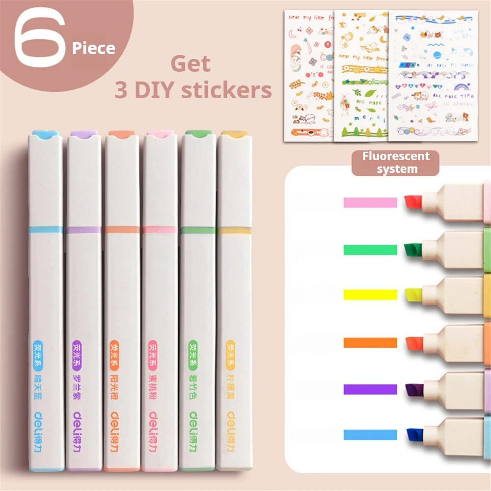 6-Color Quick-Dry Highlighter Set with 3 Free Stickers -  Kawaii Manga Markers Gel Set Stationery Journal School office Supplies
